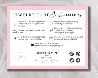 Plantilla de tarjeta de cuidado de joyería editable DESCARGA INSTANTE Inserciones de cuidado de joyería, Instrucciones de cuidado imprimibles, Negocio de joyería, Beige + Negro