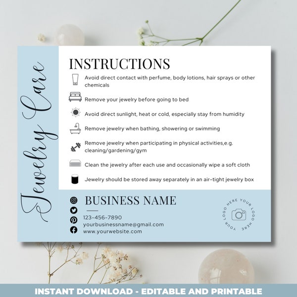 Earring Care Cards | Printable Jewellery Care Instructions | Care Card Template | Customizable Jewelry Care Instructions | Add Your Logo