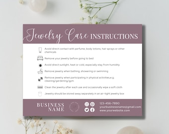 Plantilla de tarjeta de cuidado de joyería editable DESCARGA INSTANTE Inserciones de cuidado de joyería, Instrucciones de cuidado imprimibles, Negocio de joyería, Púrpura