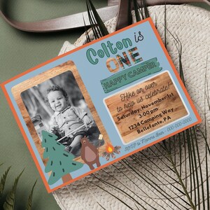 Happy Camper Birthday Invitation, Photo Invite, First Birthday, Bear Camping Theme, Canva Template, Instant Digital Download