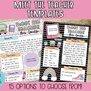 Plantilla Meet The Teacher, boletín informativo, jornada de puertas abiertas, regreso a clases, decoración del aula, colores pastel, plantilla Canva editable, descarga instantánea