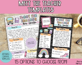 Sjabloon Meet The Teacher, nieuwsbrief, open huis, terug naar school, klasdecor, pastelkleuren, bewerkbare canvassjabloon, direct downloaden