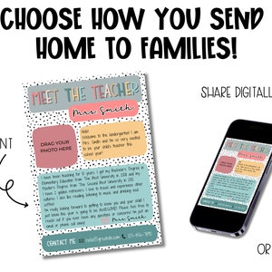 May include: A printable "Meet the Teacher" template with a colorful design and black polka dots. The template includes a space to drag and drop a photo, a section for the teacher to introduce themself, and a contact section with email and phone number. The template can be shared digitally or printed.