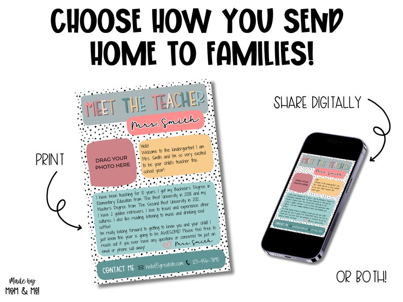 May include: A printable "Meet the Teacher" template with a colorful design and black polka dots. The template includes a space to drag and drop a photo, a section for the teacher to introduce themself, and a contact section with email and phone number. The template can be shared digitally or printed.