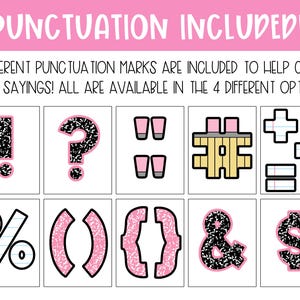 May include: A pink and white graphic with various punctuation marks, including an exclamation point, question mark, and ampersand. The text "PUNCTUATION INCLUDED!" is at the top, with the phrase "14 DIFFERENT PUNCTUATION MARKS ARE INCLUDED" below it.