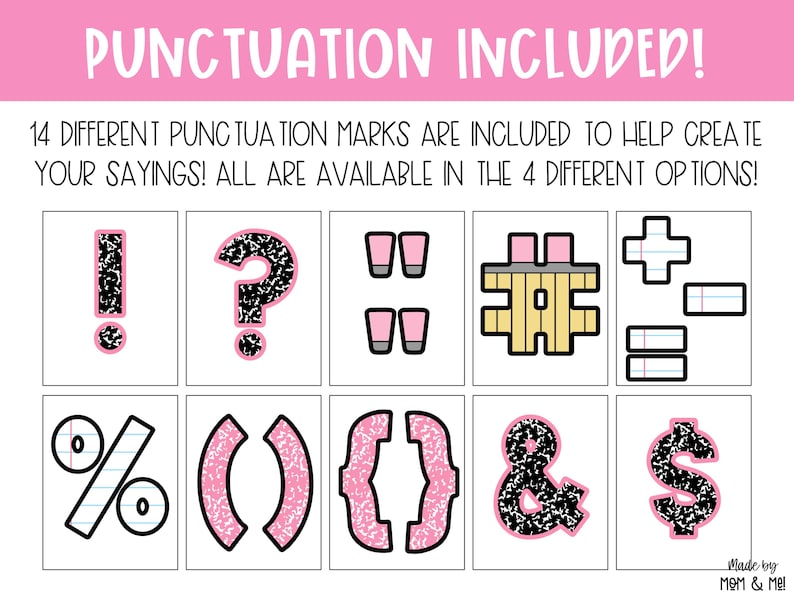 May include: A pink and white graphic with various punctuation marks, including an exclamation point, question mark, and ampersand. The text "PUNCTUATION INCLUDED!" is at the top, with the phrase "14 DIFFERENT PUNCTUATION MARKS ARE INCLUDED" below it.