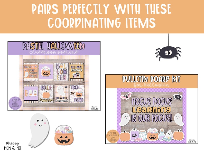 May include: A Halloween-themed image with the text "PAIRS PERFECTLY WITH THESE COORDINATING ITEMS." The image features classroom posters and a bulletin board kit with pastel colors, pumpkins, ghosts, and the text "HOCUS POCUS Learning IS OUR FOCUS!"
