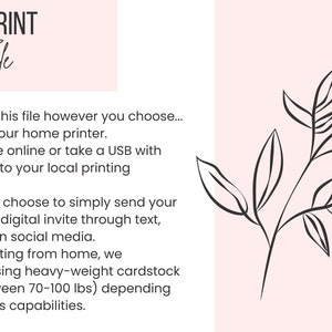May include: A pink and white printable guide with black text explaining how to print a file. The text includes instructions for printing from home, sending the file online, or sending the file via USB to a local printing service. The text also includes a note recommending using heavyweight cardstock for home printing.
