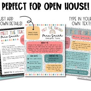 May include: A printable template for a teacher meet and greet. The template features a colorful design with a rainbow, polka dots, and a place to add a photo. The text "Meet the Teacher" is at the top of the page, followed by the teacher's name and title. The template includes sections for "About Me", "Fun Facts", and "Contact Me".