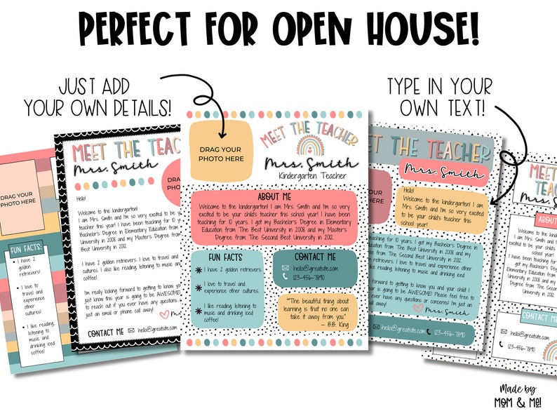 May include: A printable template for a teacher meet and greet. The template features a colorful design with a rainbow, polka dots, and a place to add a photo. The text "Meet the Teacher" is at the top of the page, followed by the teacher's name and title. The template includes sections for "About Me", "Fun Facts", and "Contact Me".