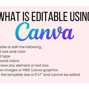 May include: A pink background with the text "WHAT IS EDITABLE USING Canva" in black and a gradient of blue and purple. The text below lists the features that are editable using Canva, including text, font type, background colours, elements, and images. The text also states that the template size is 5"x7" and cannot be edited.