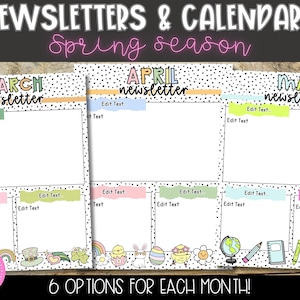 May include: Printable newsletter templates for March, April, and May. Each template has six different options with a spring theme. The templates are editable in Canva.