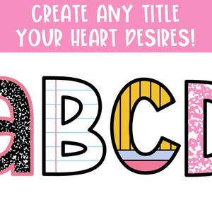 May include: Four large colorful letters, A, B, C, and D, with different patterns. The letter A is black and white with a speckled pattern, the letter B is white with blue lines, the letter C is yellow with black lines, and the letter D is pink with white speckles. The letters are outlined in black. The text "CREATE ANY TITLE YOUR HEART DESIRES!" is at the top of the image. The text "Made by Mom & Me!" is at the bottom of the image.