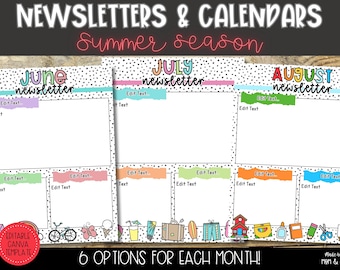 Newsletter Templates and Monthly Calendars for Summer, Classroom Bundle, Editable Canva Template, Instant Download for Teachers