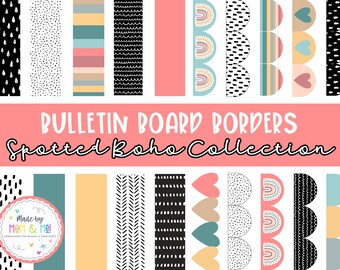 May include: A collection of bulletin board borders with a spotted boho theme. Designs include black and white patterns, pastel stripes, rainbows, and hearts. The text "Bulletin Board Borders" and "Spotted Boho Collection" are displayed.