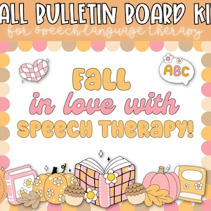 May include: A printable bulletin board kit for speech and language therapy with an autumn theme. The kit includes a title card that says "Fall in love with speech therapy!" and features illustrations of books, pumpkins, and acorns. The kit also includes a PDF file with over 150 pages.