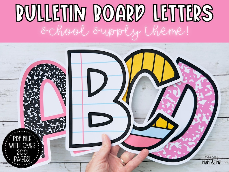 May include: A set of large, colorful alphabet letters with a school supply theme. The letters are made of paper and have different patterns, including notebook paper, pencil stripes, and pink polka dots. The letters are designed to be used for a bulletin board or classroom decoration. The text "BULLETIN BOARD LETTERS" and "school supply theme!" is at the top of the image. The text "PDF FILE WITH OVER 200 PAGES!" is at the bottom of the image.