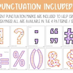 May include: A collection of punctuation marks in various styles, including an exclamation point, question mark, quotation marks, and a hashtag. The text "PUNCTUATION INCLUDED!" is at the top. The bottom right corner has the text "Made by MOM & ME!"