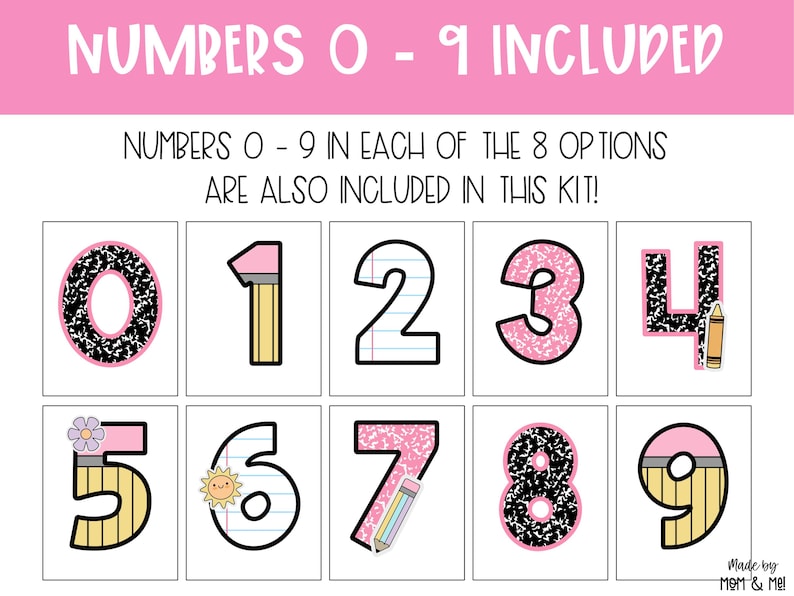 May include: A set of number cards featuring the numbers 0-9 in various designs. The numbers are in black, pink, and yellow, with decorative elements like pencils and flowers. The text at the top reads "NUMBERS 0 - 9 INCLUDED".