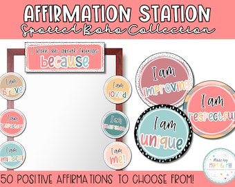 May include: A set of 50 colorful affirmation cards with a boho theme. The cards feature positive messages like "I am brave", "I am loved", and "I am unique". The cards are perfect for a classroom or home affirmation station.