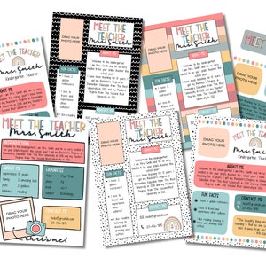 May include: A set of printable "Meet the Teacher" cards featuring a rainbow design and a photo placeholder. The cards include information about the teacher, such as their name, experience, and fun facts. The cards are designed for kindergarten teachers.