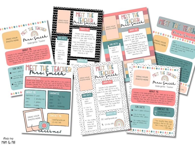 May include: A set of printable "Meet the Teacher" cards featuring a rainbow design and a photo placeholder. The cards include information about the teacher, such as their name, experience, and fun facts. The cards are designed for kindergarten teachers.