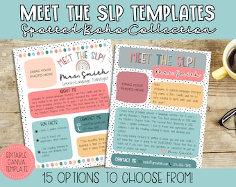 May include: Two colorful printable templates for speech-language pathologists. Each template features a photo placeholder, a section for the SLP's name and title, and a section for fun facts about the SLP. The templates are decorated with a spotted boho design and include the text "Meet the SLP!"