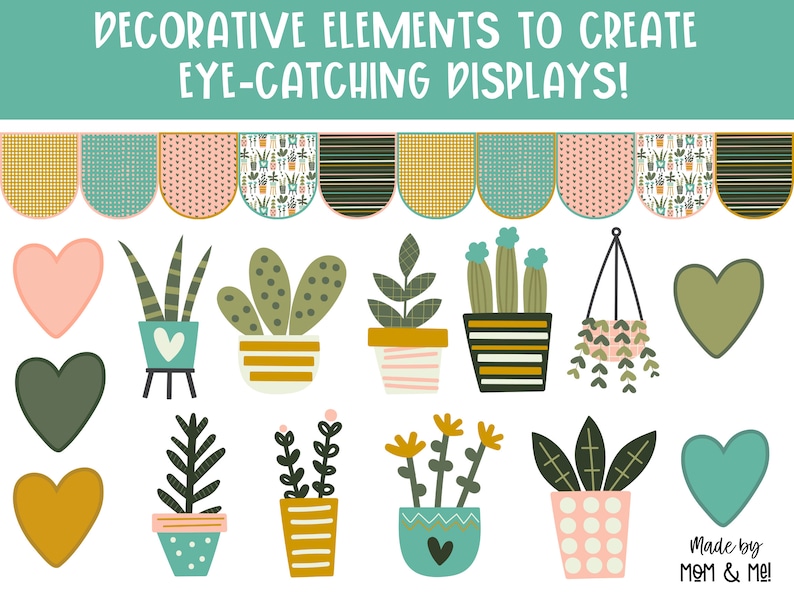 May include: A set of decorative elements featuring potted plants, hanging plants, and hearts in various colours and patterns. The elements are perfect for creating eye-catching displays.