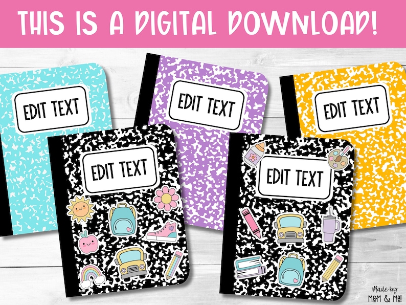 May include: Five printable notebook covers with a black and white speckled pattern. Each cover has a different color background: blue, purple, yellow, black with colorful stickers, and black with colorful stickers. The text "EDIT TEXT" appears on each cover.