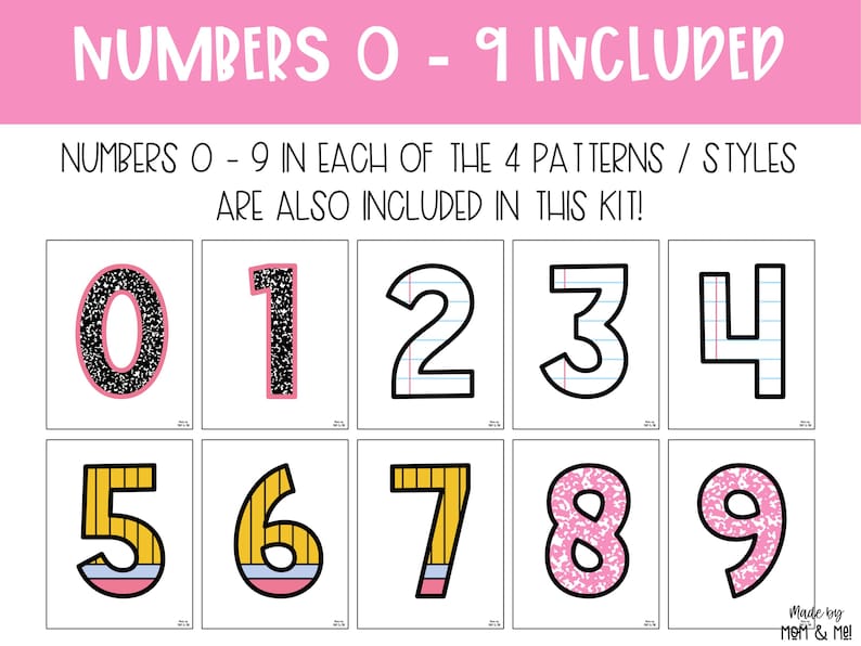 May include: A set of printable number flashcards featuring the numbers 0-9 in four different styles: glitter, lined paper, pencil, and polka dot. The text "Numbers 0-9 Included" and "Numbers 0-9 in each of the 4 patterns / styles are also included in this kit!" is included in the image.