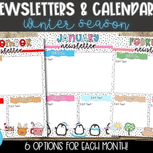 Plantillas de boletines y calendarios mensuales para invierno, paquete de aula, plantilla Canva editable, descarga instantánea para profesores