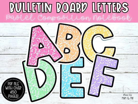 Pastel Composition Notebook Alphabet Letters, Bulletin Board Classroom Decor, Back to School Seasonal Decor for Education, Teacher Printable