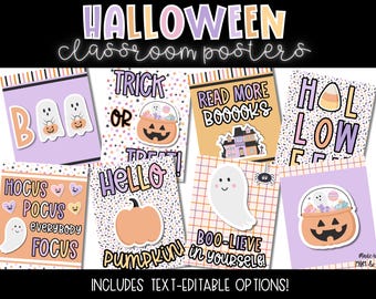 May include: A collection of Halloween classroom posters with various designs. The posters feature phrases like "Trick or Treat," "Boo-lieve in yourself," and "Read More Books." The color palette includes orange, purple, and white.