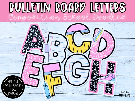 Composition Notebook Alphabet Letters, Bulletin Board Classroom Decor, Back to School Seasonal Decor for Education, Teacher Printable