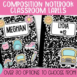 Editable Classroom Labels or Name Tags for School: Composition Notebook Theme, Classroom Decor, Canva Template, Instant Download for Teacher