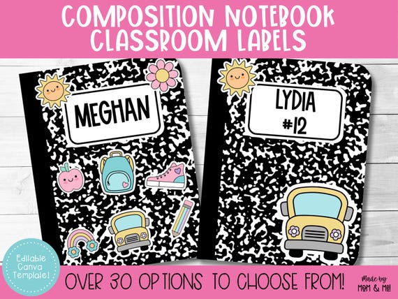 Editable Classroom Labels or Name Tags for School: Composition Notebook Theme, Classroom Decor, Canva Template, Instant Download for Teacher