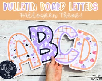 May include: Bulletin board letters with a Halloween theme. The letters A, B, C, and D are shown, each with a unique pattern including ghosts, pumpkins, and spiders. The letters are outlined in orange and black. The image also includes the text "PDF FILE WITH OVER 200 PAGES!"