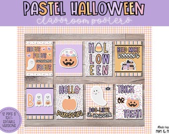 May include: Twelve pastel Halloween classroom posters with various designs. The posters feature ghosts, pumpkins, candy corn, and text such as "Hocus Pocus Everybody Focus", "Hello Pumpkin", "Boo-lieve in Yourself", and "Trick or Treat!"