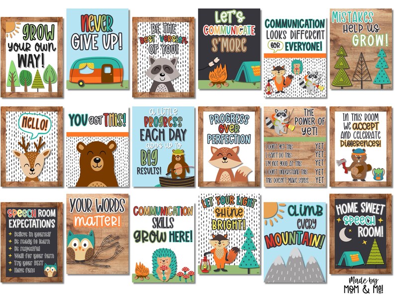 May include: A set of 12 colorful printable posters with woodland animal illustrations and motivational messages. The posters feature phrases like "Grow Your Own Way!" and "Let Your Light Shine Bright!"