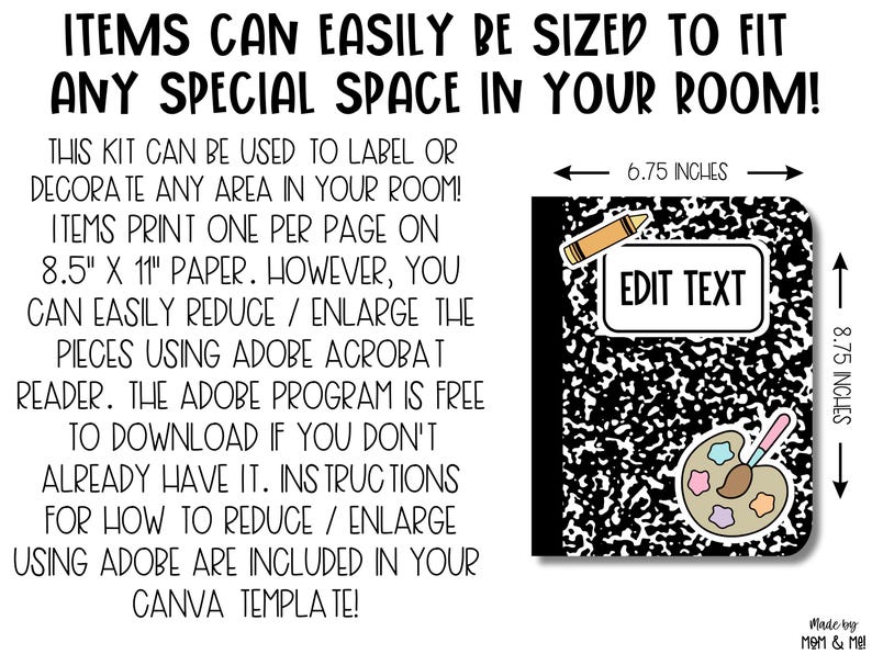May include: A black and white printable classroom label with a notebook paper design. The label has a red and yellow crayon, a paint palette, and a text box that says "Edit Text". The label is 6.75 inches wide and 8.75 inches tall.