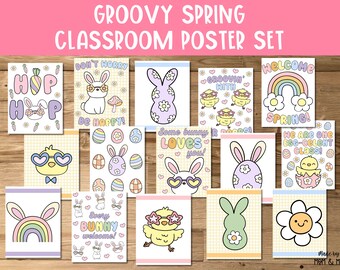 Spring Bulletin Board, Retro Easter Decor, Classroom Door Decor Spring, Class Posters, Seasonal Classroom Decor, Groovy Easter Bunny