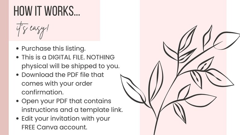 May include: A pink and white graphic with black text explaining how to use a digital file. The text reads "HOW IT WORKS... it's easy!" and includes a list of steps: "Purchase this listing. This is a DIGITAL FILE. NOTHING physical will be shipped to you. Download the PDF file that comes with your order confirmation. Open your PDF that contains instructions and a template link. Edit your invitation with your FREE Canva account."