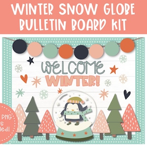 May include: A winter-themed bulletin board kit with a snow globe featuring a penguin. The kit includes a welcome winter sign, snowflakes, hearts, stars, and trees. The background is a light blue and white woodgrain pattern.