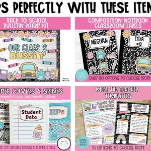 May include: A collection of back-to-school themed digital templates, including bulletin board kits, notebook labels, binder covers, and teacher templates. The designs feature school buses, crayons, and composition notebook paper backgrounds. The text includes "Our Class is Bussin'" and "Meet the Teacher".