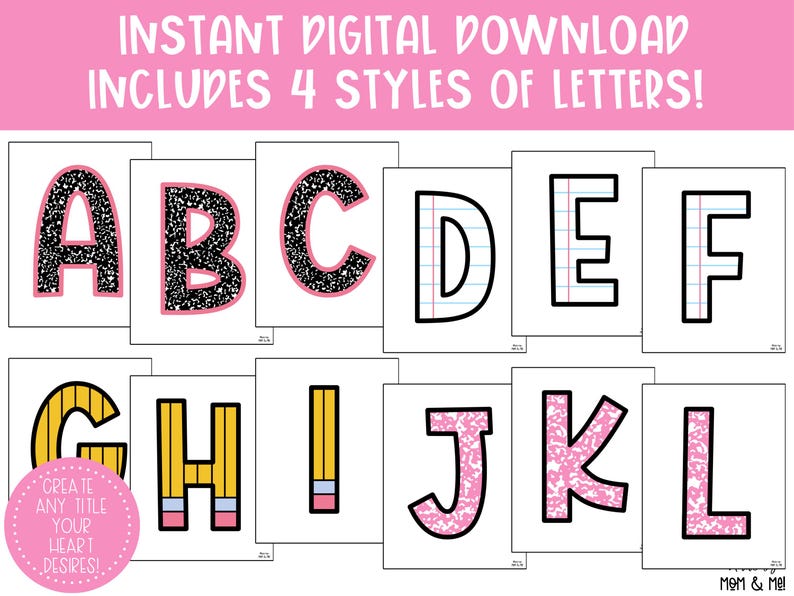 May include: Four different styles of alphabet letters in black, pink, yellow, and white. The letters are in a white square with a black outline. The letters are in a variety of styles, including glitter, notebook paper, and pencil.