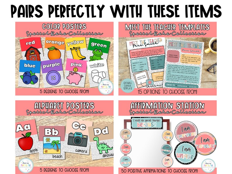 May include: A digital download of printable posters and templates for teachers. The posters feature a boho style with colorful illustrations and text. The posters include color posters, alphabet posters, meet the teacher templates, and affirmation station posters.