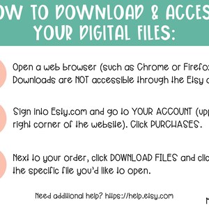 May include: A pink and green graphic with instructions on how to download and access digital files from Etsy.com. The instructions are numbered 1, 2, and 3. The text includes the phrase "Made by MOM & Me!"
