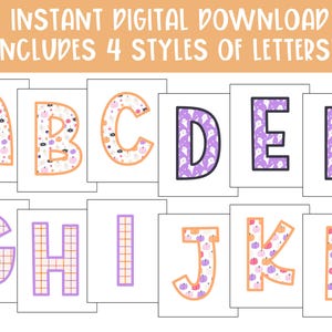 May include: Digital download featuring letters A through L in four different styles. The letters are displayed on individual white cards. Some letters have pumpkin and ghost patterns, while others have grid patterns. The text "INSTANT DIGITAL DOWNLOAD INCLUDES 4 STYLES OF LETTERS!" is at the top.