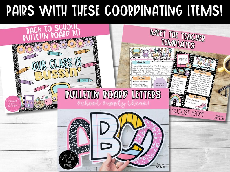 May include: A pink and black bulletin board kit with the text "Our Class is Bussin'" and a school bus graphic. The kit includes a set of alphabet letters with a school supply theme. The letters are pink, white, and yellow with black and white polka dots. The letters are printed on cardstock and are ready to be cut out and used for a bulletin board display.