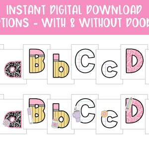May include: Digital download featuring the alphabet letters A, B, C, and D in uppercase and lowercase. The letters have various designs, including a composition notebook pattern, pencil, and doodles. The text at the top says "INSTANT DIGITAL DOWNLOAD".